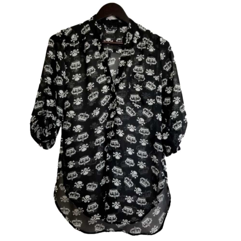 J for Justify Black Sheer Button-Up Top with White Skull Print
